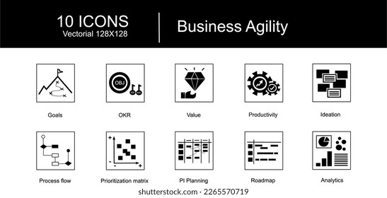 Conjunto de iconos ágiles relacionados con la agilidad del negocio: Objetivos, resultados clave objetivos, (okr), valor, productividad, ideación post-it, flujo de valor de flujo de procesos, matriz de priorización, planificación de IP, hoja de ruta, análisis