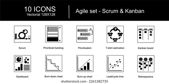 Agile icon set related to methodologies Scrum and Kanban. Business backlog prioritization, t-shirt estimation technique, boards, dashboard, burn down chart, burn up chart, lead and cycle time charts