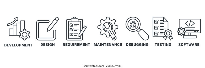 Agile icon set vector illustration concept with icon of development, design, requirements, maintenance, debugging, testing, software