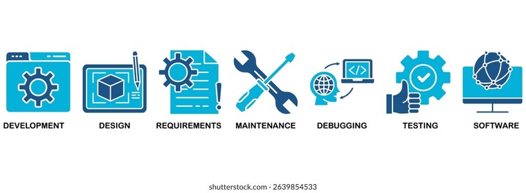 Agile icon set vector illustration concept with icon of development, design, requirements, maintenance, debugging, testing and software