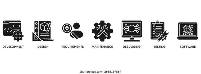 Agile Icon Set Vektorgrafik Konzept beziehen sich auf Entwicklung, Design, Anforderungen, Wartung, Debugging, Tests und Software