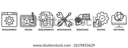 Agile icon set vector illustration concept with icon of development, design, requirements, maintenance, debugging, testing and software
