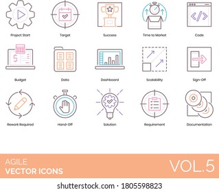 Agile icons including project start, target, success, time to market, code, budget, data, dashboard, scalability, sign off, rework required, hand off, solution, requirement, documentation.