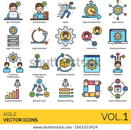 Agile icons including workstyle, agility, development, value, principle, manifesto, interaction, customer, continuous delivery, valuable software, flexibility, planning, teamwork, daily collaboration.