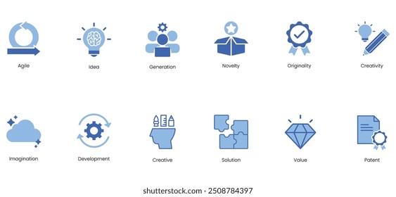 Agile, Idea, Generation, Novelty, Originality, Creativity, Imagination, Development, Creative, Solution, Value, Patent Vector Icon Set