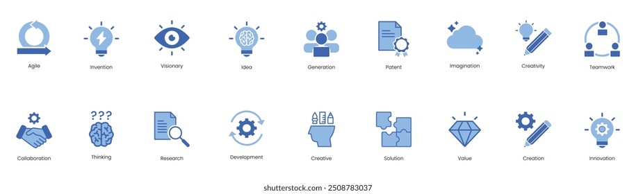 Agile, Invention, Innovation, Visionary, Idea, Generation, Patent, Imagination, Creativity, Teamwork, Collaboration, Thinking, Research, Development, Creative, Solution, Value, Creation Vector Icons