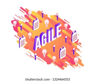 Agile isometric text design with violet sign and business elements on orange gradient stripes and shapes isolated on white background - vector illustration for presentation or promotion.