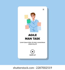 agile man task vector. board kanban, business method, work project, schedule organization, office sticky agile man task web flat cartoon illustration