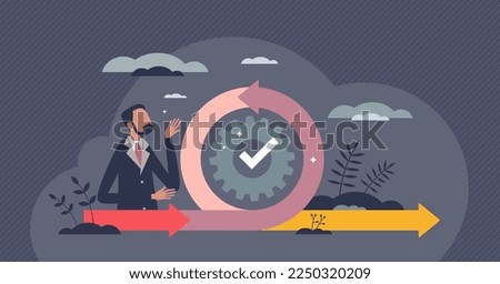 Agile management application principles for lean method flow tiny person concept. Software development process framework and technique for effective order to launch product vector illustration.