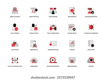 Agile management icon set. Features agile framework, sprint planning, retrospective, daily standup, backlog refinement, and tools for team collaboration. Vector illustration. 