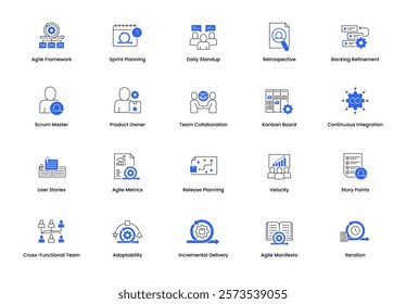 Agile management icon set. Includes agile framework, sprint planning, daily standup, retrospective, backlog refinement, and tools for team collaboration.