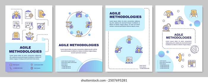 Metodologías de gestión ágil Plantilla de folletos de gradiente azul. Diseño de folleto con iconos lineales. 4 diseños de Vector editables para presentación, informes anuales