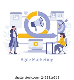 Agile Marketing concept. Rapidly adapting strategies in real-time, leveraging analytics for market responsiveness. Efficient, data-driven campaign cycles. Vector illustration.