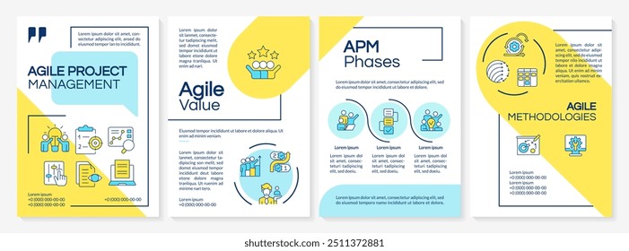 Metodología ágil Plantilla de folleto azul y amarillo. Fases APM. Diseño de folleto con iconos lineales. 4 diseños de Vector editables para presentación, informes anuales