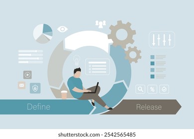 Agile methodology, business project development process, daily decisions management method. Businessman with laptop at work on flexible circular arrow. Agility effect on circular life cycle workflow.