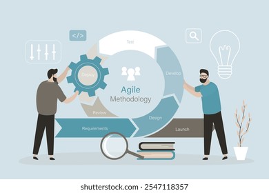 Agile methodology, business project development process, daily decisions management method. Businessman team with tools and devices at work near flexible circular arrow. Agility effect. flat vector