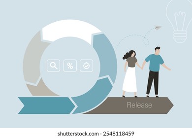 Agile methodology, business project development process, daily decisions management method. Colleagues ready for release. Team at work near flexible circular arrow. Agility effect. vector illustration