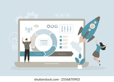 Agile methodology, business project development process, daily decisions management method, startup launch. Business team with tools and devices at work near flexible circular arrow. Agility effect.