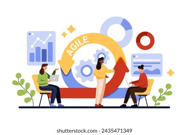 Agile methodology for digital business project development and organization. Tiny people manage workflow cycle with flexible arrow of agile method, control data reports cartoon vector illustration