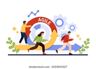 Agile methodology for digital project management and development process, daily work. Tiny nimble people running fast near circular flexible arrow of agile method cartoon vector illustration