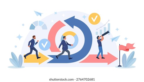 Agile methodology for effective project management. Transformation and optimization. Business people running fast near circular arrow of agile method. Scrum method of productive strategy