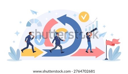 Agile methodology for effective project management. Transformation and optimization. Business people running fast near circular arrow of agile method. Scrum method of productive strategy