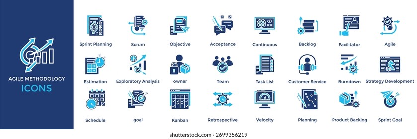 Agile Methodology icon set. Containing Sprint Planning, Scrum, Objective , Acceptance, Continuous