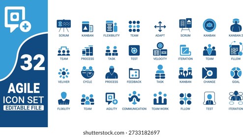 Conjunto de iconos de metodología ágil con procesos de trabajo en equipo y conceptos de flexibilidad profesional de alta calidad
