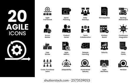 Agile methodology icon set. Includes agile framework, sprint planning, daily standup, retrospective, backlog refinement, team collaboration, Kanban board, and tools for efficient project management.