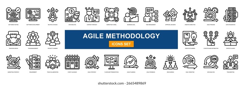Colección de iconos de línea de metodología ágil. Pruebas de Software, Desarrollo de Software, Opciones Múltiples, Análisis de Datos, Estrategia de Contenido, Embudo de Marketing, Objetivo de Negocio. Ilustración vectorial simple
