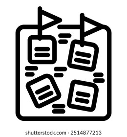 Agile methodology represented by a kanban board with tasks, flags indicating deadlines and lines showing connections