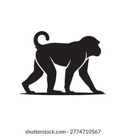 Agile monkey walking forward black silhouette vector illustration with subtle highlights