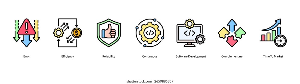 Ilustração de vetor de ícone de banner da Web de desempenho ágil com conceitos como erro, eficiência, confiabilidade, processo contínuo, desenvolvimento de software, habilidades complementares e tempo de entrada no mercado.