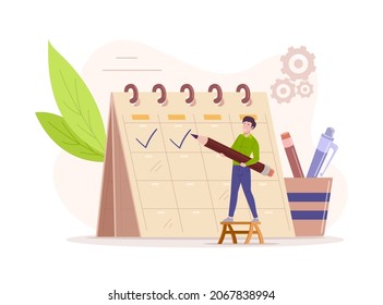 Agile planning technique with board concept. Man marks completed tasks goals working as team on software development. Daily management organization flat vector