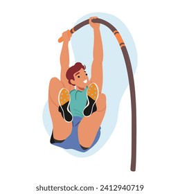 Agile Pole Vaulter Soars Through The Air, Defying Gravity With A Sleek Pole, Executing A Flawless Jump. Precision, Strength And Grace Converge In This Mesmerizing Athletic Display. Vector Illustration