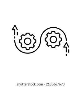 Agile process icon, flexible work software, methodology development, arrow with gears, thin line symbol on white background - editable stroke vector illustration