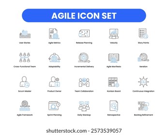 Agile process and management tools icon set. Features agile framework, sprint planning, daily standup, retrospective, backlog refinement, user stories, and more for project and team workflow managemen