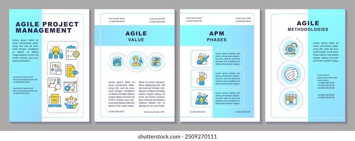 Plantilla ágil de folletos de gestión de proyectos. Valores, fases. Diseño de folleto con iconos lineales. 4 diseños de Vector editables para presentación, informes anuales