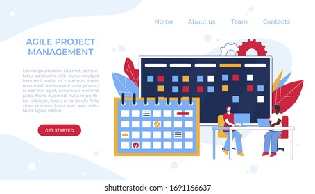 Gestión ágil del proyecto. Comunicación, trabajo en equipo, proceso empresarial. Los empleados consultan, trabajan en el equipo, planifican el flujo de trabajo y el programa. Cartel Kanban. 