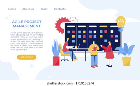 Agile project management. Communication, teamwork, business process. Employees consult, work at the computer, plan the workflow and program. Kanban board. 