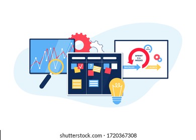 Agile Projektmanagement. Kommunikation, Teamarbeit, Geschäftsprozess. Kanban Board. Vektorgrafik.