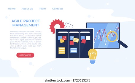 Gestión ágil del proyecto. Comunicación, trabajo en equipo, proceso empresarial. Cartel Kanban. Ilustración vectorial.