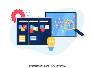 Gestión ágil de proyectos. Comunicación, trabajo en equipo, proceso empresarial. Cartel Kanban. Ilustración vectorial.