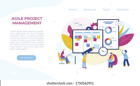Agile project management. Communication, teamwork, business process. Employees consult, work at the computer, plan the workflow and program. 