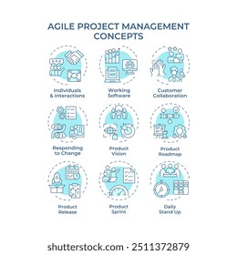 Agile project management concept icons. Meeting schedule. Development methodology, milestones. Icon pack. Vector images. Round shape illustrations for infographic, presentation. Abstract idea