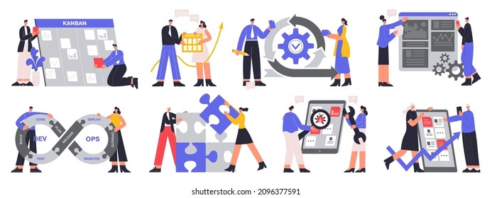 Agile project management, devOps team and scrum task board. Software developers, it devOps team and agile workflow vector illustration set. Project life cycle, engineers optimizing workflow