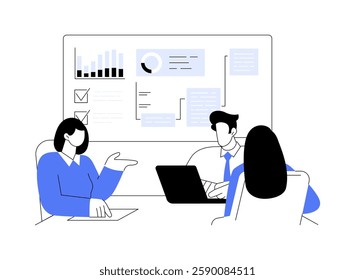 Agile project management isolated cartoon vector illustrations. IT company workers discussing new project, looking at laptop, information technology industry, development process vector cartoon.