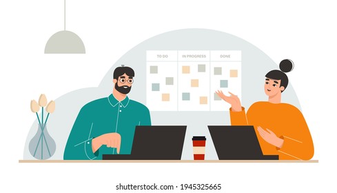 Agile project management methodology concept. Team working on laptops next to the kanban task board. Flexible software developer. Team on a daily meeting. Isolated flat vector illustration