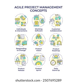 Iconos de concepto multicolor de gestión de proyectos ágil. Calendario de reuniones, metodología de desarrollo. Paquete de iconos. Imágenes vectoriales. Ilustraciones de forma redonda para infografía, presentación. idea Abstractas