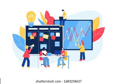 Agile project management process. Communication, teamwork, business process. Employees consult, work at the computer, plan the workflow, program and communicate. Kanban board. Scrum master. Agile